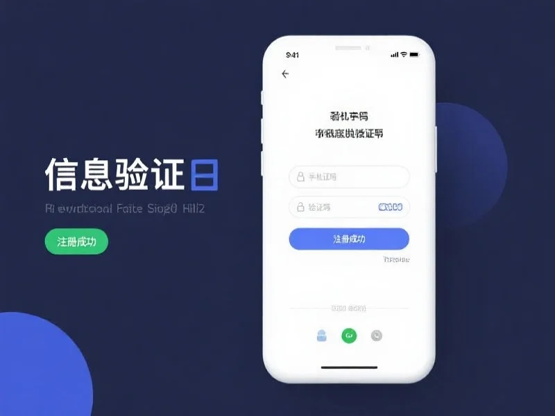 一个清晰简洁的信息验证界面图,展示手机验证码输入与注册成功提示,界面现代感十足